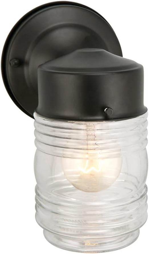 Design House Jelly Jar Wall Light, Indoor/Outdoor, Clear Ribbed Glass, Dimmable, Matte Black, Wall Mount Sconce Fixture, 4.5 in W x 7.5 in H x 5.25 in D, 502195