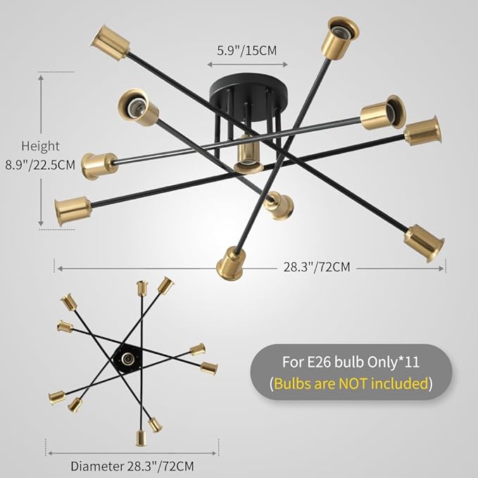 Modern Sputnik Gold and Black Semi Flush Mount Ceiling Light Fixture Minimalist,Mid Century Large 11 Light Metal Chandelier for Living Room Dining Room Bedroom Kitchen Office Entryway