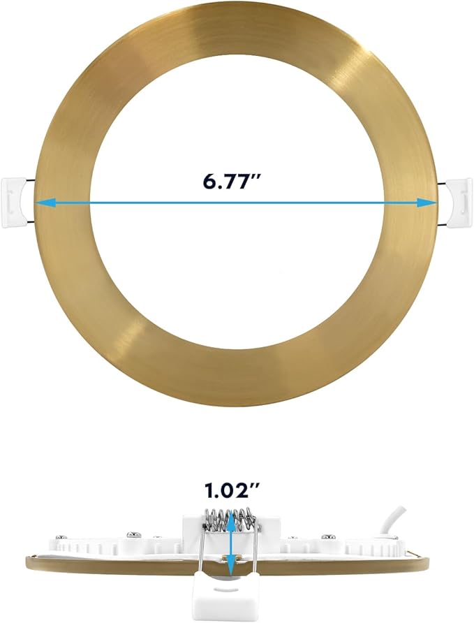 LUXRITE 6 Inch Ultra Thin LED Recessed Light with J-Box, 12W, 5 Color Options 2700K | 3000K | 3500K | 4000K | 5000K, Dimmable Wafer Light, 1000 Lumens, Brass Trim, Energy Star, IC Rated