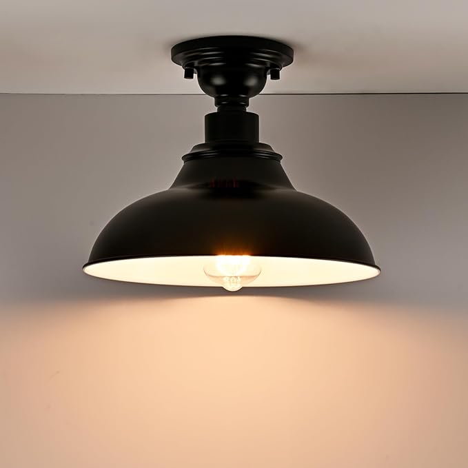 SAMTEEN 12-Inch Farmhouse Semi Flush Mount Ceiling Light Black 1-Light Industrial Barn Ceiling Light Matte Black Hallway Light Fixtures Ceiling for Bedroom Kitchen Foyer Loft