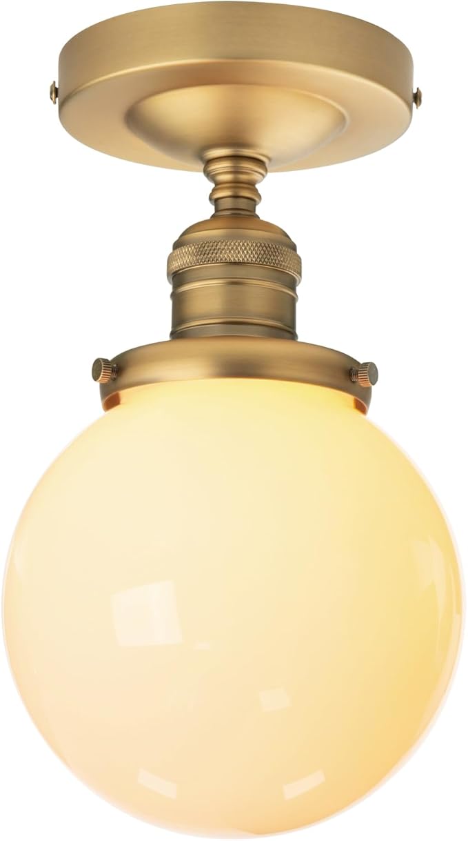 PERMO Morden Semi Flush Mount Ceiling Pendant Light Gold Ceiling Lights Hallway Fixtures with Milk White Globe Glass Lampshade 1-Light