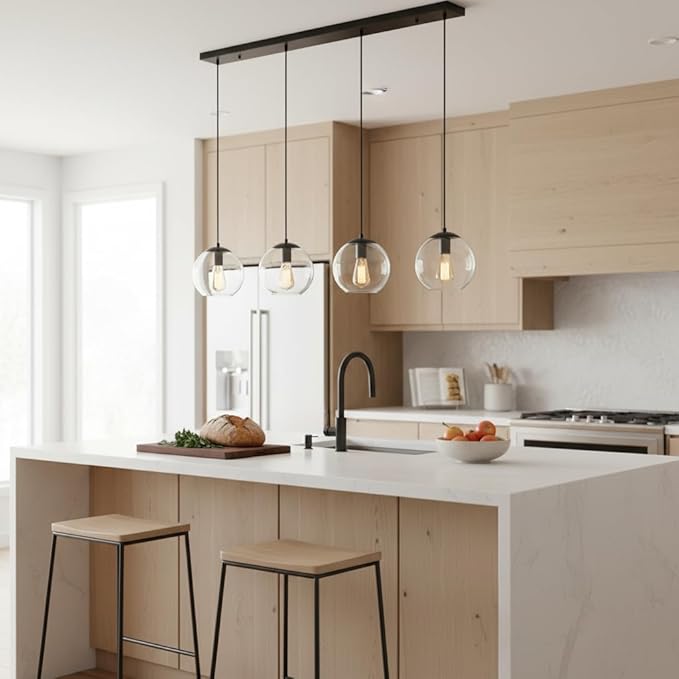 Globe Pendant Light, Modern Hanging Lighting Fixture, Classic Cluster Chandelier with Clear Glass Shades(Black, 4 Lights, 37.4 Inch)