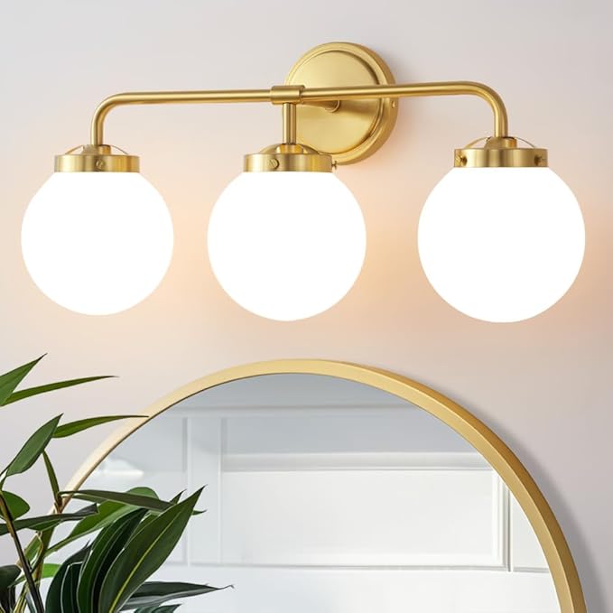 Gold Bathroom Vanity Light Fixtures Over Mirror, Modern Brass 3 Lights Wall Sconce with Milky Glass Ball Shade, Mid Century Farmhouse Vanity Lighting