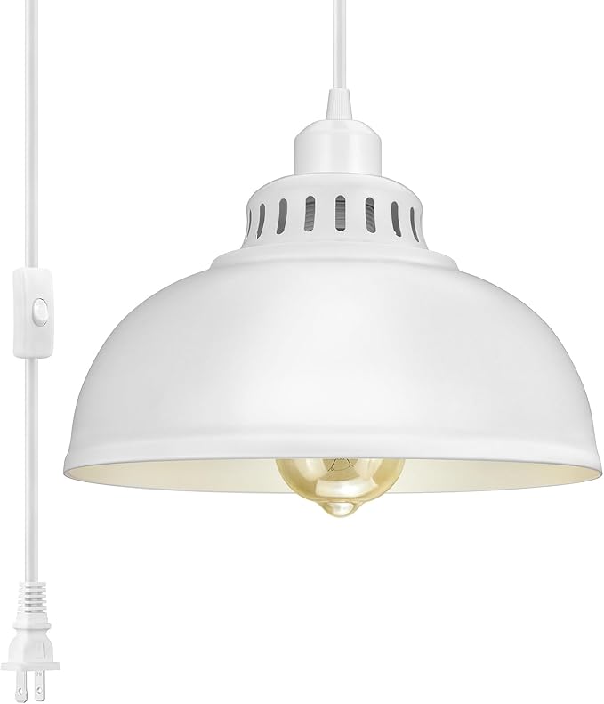 Plug in Pendant Light, 15FT Hanging Lights with Plug in Cord, On/Off Switch, Industrial Pendant Light with Plug in Cord, Metal Hanging Lamps for Living Room, Kitchen Big White