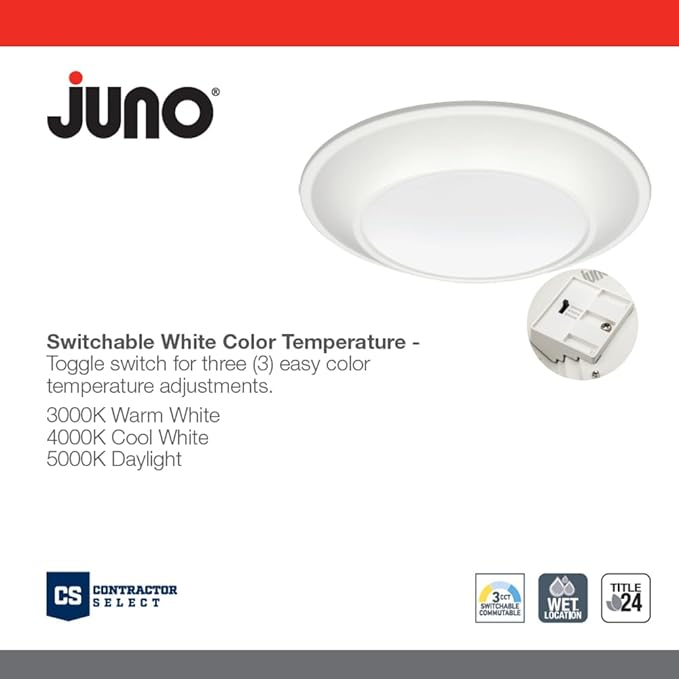 Juno SlimBasics 6 Inch LED Ceiling Light, LED Surface Mount Downlight for Shower Light or Closet Lighting, Selectable White Color, Tapered Trim, Wet Rated, Matte White (JSBT 6IN SWW2 90CRI WL MW M6)