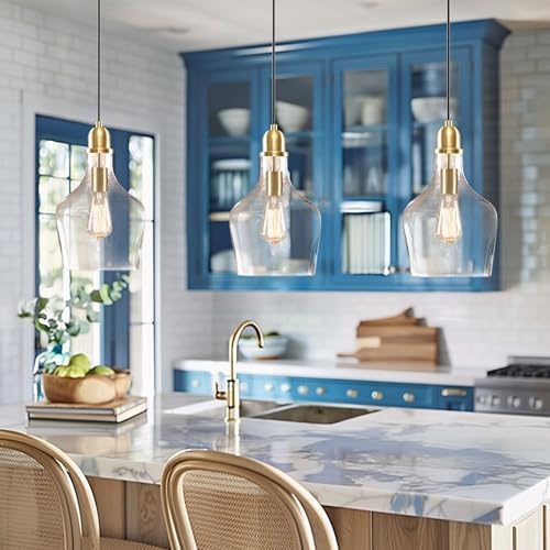 Ink+Ivy Auburn Pendant Kitchen Lighting for Dining Room, Industrial Lights, Hand-Blown Glass Bell Shaped Pendant Light for Kitchen Island, Foyer, Bedroom, 13" Dia x 95.5" H, Gold/Clear