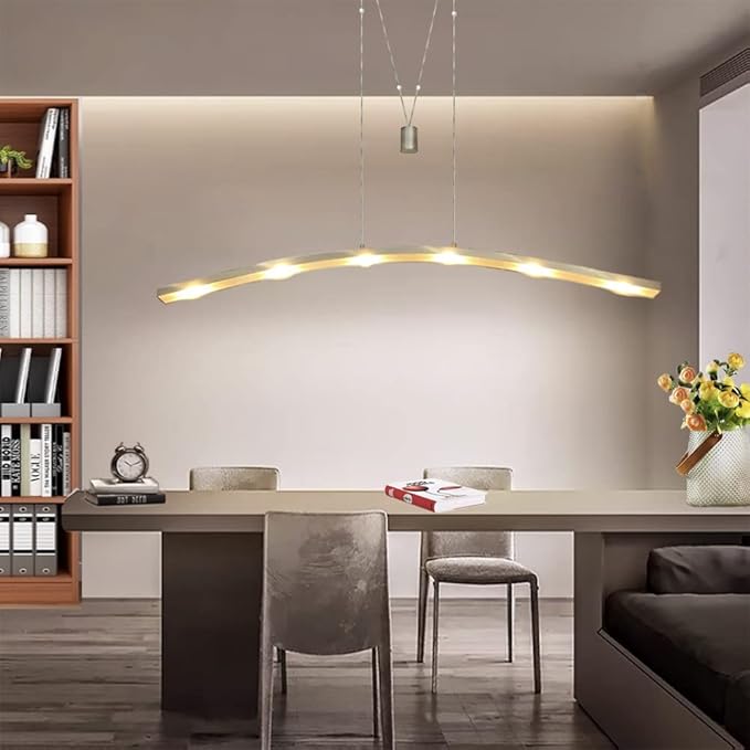 YIFONTIN LED Island Pendant Light Fixture Pulley Streamlined Cambered Chandelier Modern Warm Lamp 27W 47.5" Width for Dinning Reading Room Kitchen Island Restaurant Housewarming, Brushed Aluminum.
