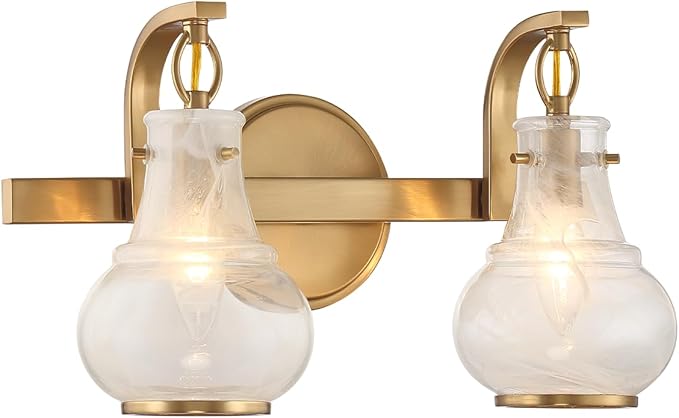 Savoy House 8-4417-2-322 Adams Modern Vintage Traditional White Strie Glass Bathroom Vanity Wall Light, 2-Light 120 Total Watts, 9" H x 16" W, Warm Brass