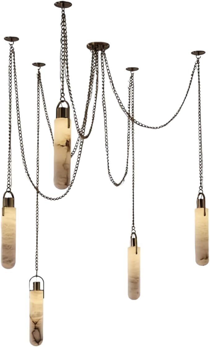 RUIBO Alabaster 5 Light LED Multi-Drop Hanging Pendant Lighting,Cylinder Natural Marble Multi Light Pendant Lights,Living Dining Room Loft Bedroom Modern LED Hanging Lamps(E14)