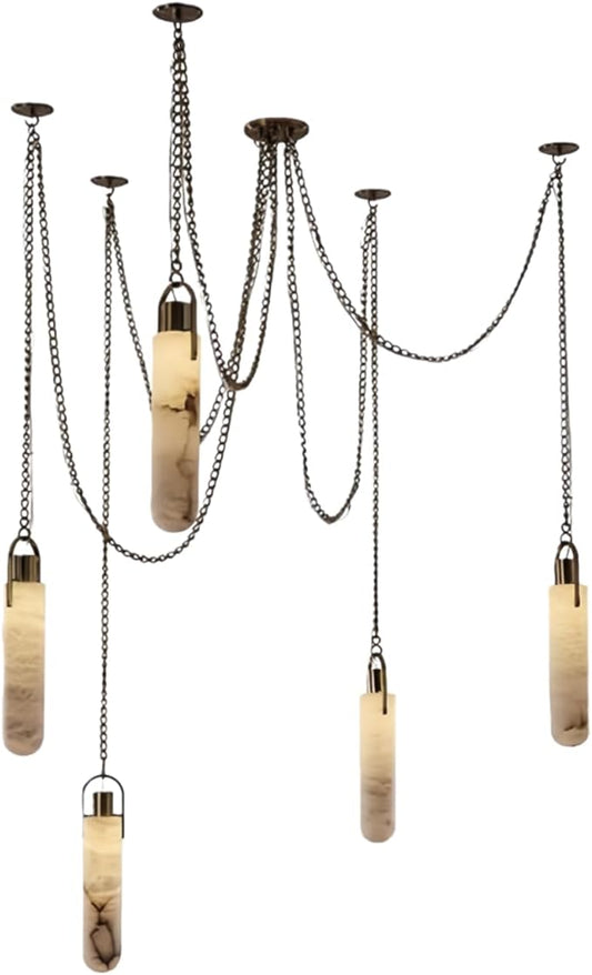 RUIBO Alabaster 5 Light LED Multi-Drop Hanging Pendant Lighting,Cylinder Natural Marble Multi Light Pendant Lights,Living Dining Room Loft Bedroom Modern LED Hanging Lamps(E14)