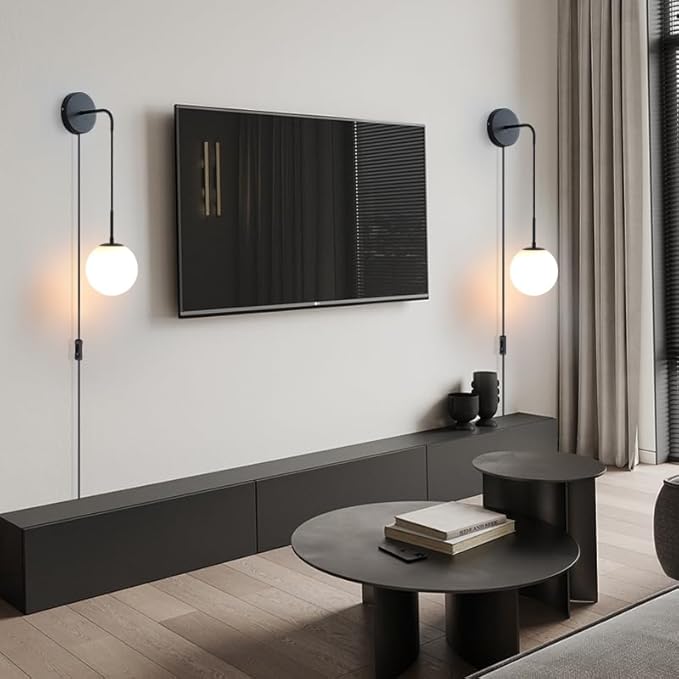 KUZZULL Wall Sconces Set of Two Plug in Wall Sconces Matte Black Wall Lamp with Plug in Cord and Switch Hanging Indoor Wall Mounted Lights with Globe Glass Shade Plug in Sconces Wall Decor Set of 2