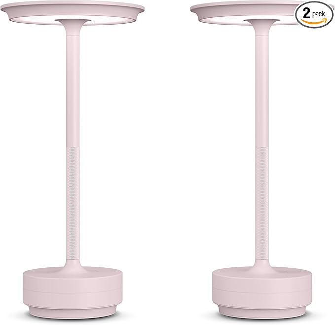 2 Pack Rechargeable Cordless Table Lamps, Portable 5000mAh LED Table Light, 3 Color Stepless Dimming Battery Powered Metal Table Lamp for Outdoo/Restaurant/Home/Patio.(Light Pink)