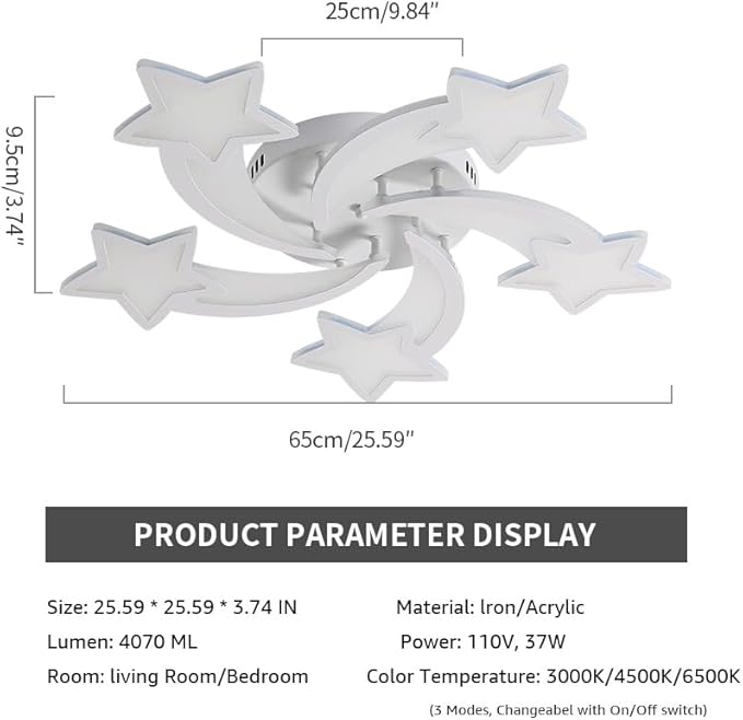 5 Lights Star LED Modern Ceiling Light, 25" 37W Flush Mount Ceiling Light Fixture, 3 CCT(3000K/4500K/6500K) via Wall Switch Ceiling Lamp for Bedroom Living Room KidsRoom Playroom