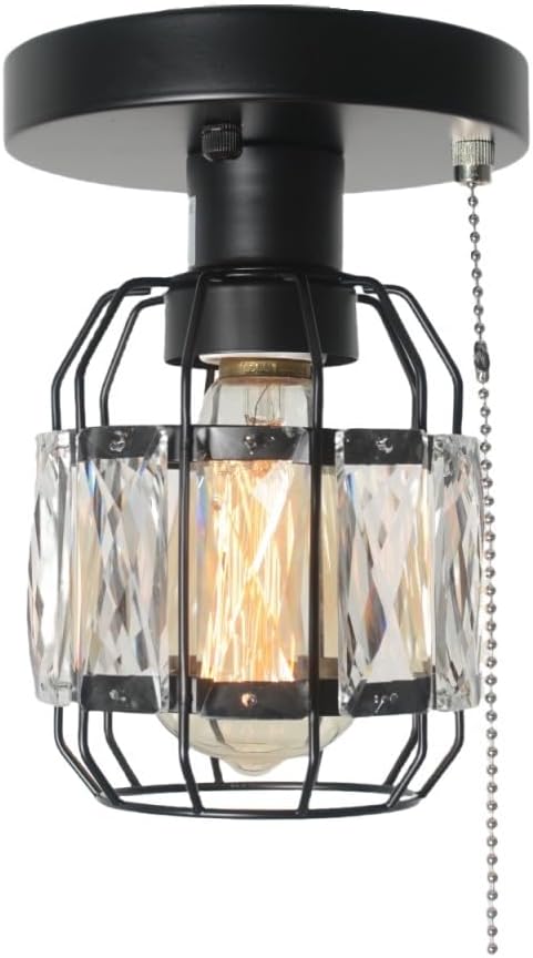 Crystal Cage Pull String Semi Flush Mount Light, 1-Light Black Metal Modern Industrial Ceiling Light Fixture with Pull Chain Small Round Hallway Closet Ceiling Light Edison E26 162