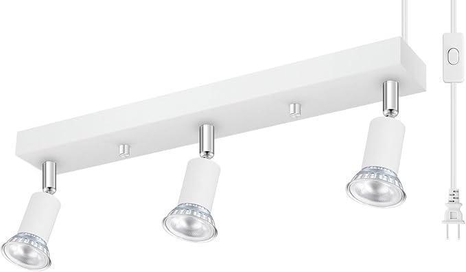 Plug-in Track Lighting, LED Track Lighting Fixtures Ceiling Kit, 16" White Plug in Wall Light with 14.8ft Cord, 3-Light Ceiling Spotlight,Rotatable Kitchen Light Head for Bedroom Hallway(GU10,NO Bulb)