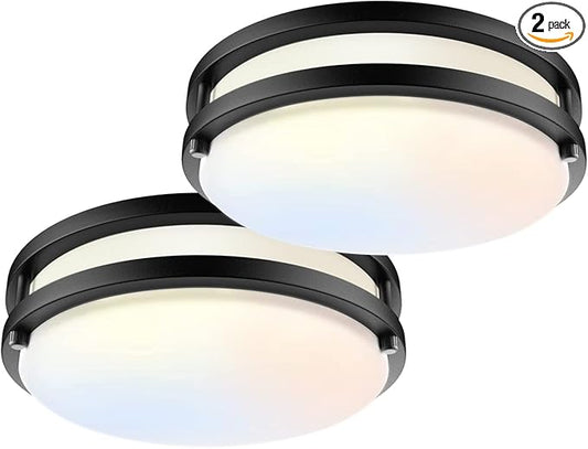 Flush Mount Ceiling Light, 10 inch Dimmable 2200lm 24W[250W Equiv], 3000K/4000K/5000K LED Light Fixture for Bedroom, Kitchen, Hallway, Bathroom, Hallway-2 Pack, Black