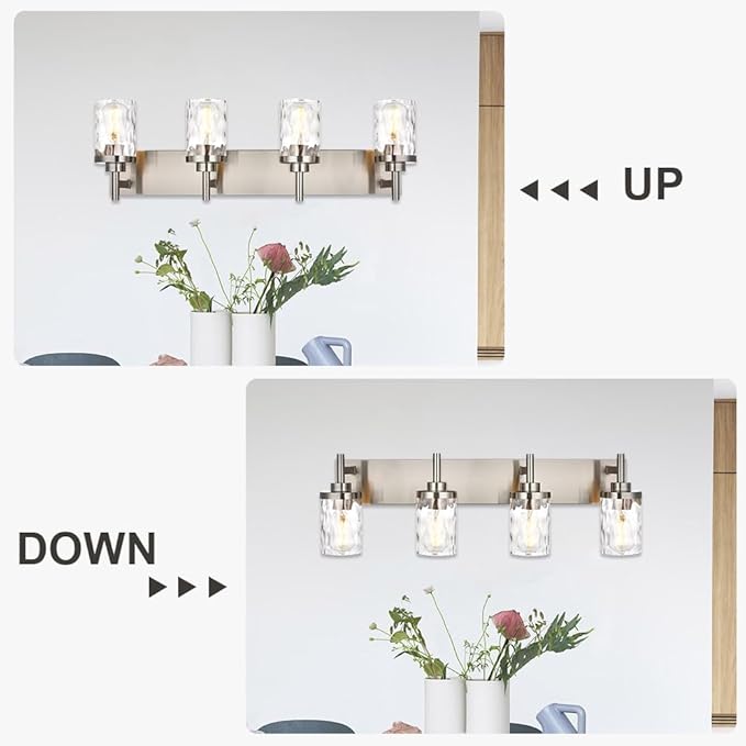 Bathroom Vanity Lighting Fixtures 4 Lights,Brushed Nickel Bathroom Vanity Lights with Clear Hammered Shade Wall Sconce Lighting Modern Farmhouse Bath Lighting