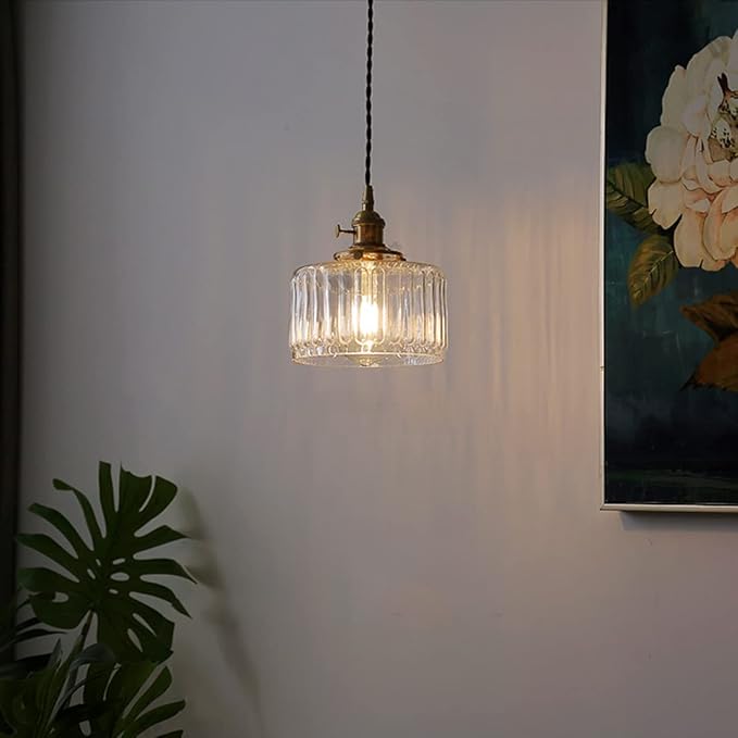 Glass Hanging Lights One-Light Vintage Pendant Light Fixtures Clear Striped Glass Shade Mid Century Modern Pendant Light Gold Brass Light Fixture Adjustable Cord for Dining Room Hallway