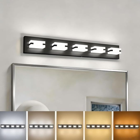 LED Bathroom Light Fixtures, 5-Light Modern Vanity Lights with Milky White Frosted Acrylic Shades, Matte Black Bathroom Lighting Fixtures Over Mirror, ETL Listed, 35W 5CCT Adjustable