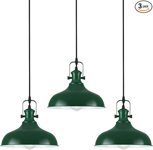 Green Pendant Light, 11.4" Farmhouse Pendant Lights Kitchen Island, Industrial Pendant Lights for Kitchen Island, Dining Room, Cafe, 3 Pack