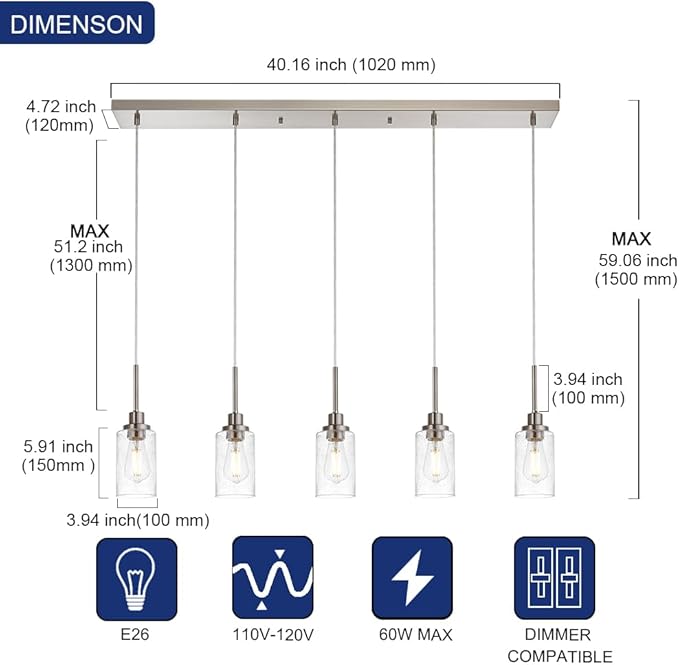 TODOLUZ 5-Light Farmhouse Chandelier, Adjustable Height Pendant Light Fixtures in Brushed Nickel, Dining Room Hanging Ceiling Lighting with Seeded Glass Shade