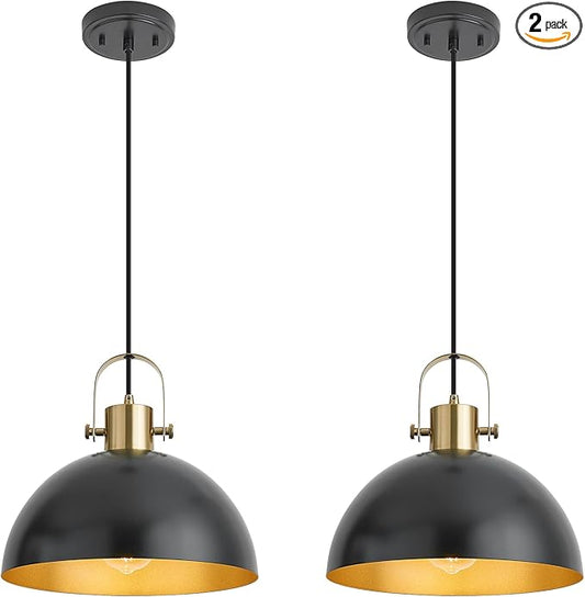 12 Inch Farmhouse Pendant Lights, Black Pendant Lighting for Kitchen Island, lndustrial Adjustable Height Hanging Light for Barn, Dining Room, 2 Pack