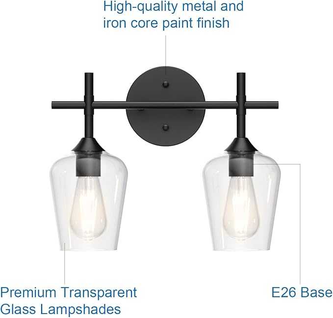 Ralbay Vintage Black Bathroom Light Fixtures 2-Lights Industrial Matte Black Finish with Clear Glass Black Vanity Lights Farmhouse Bathroom Vanity Lights Wall Sconce