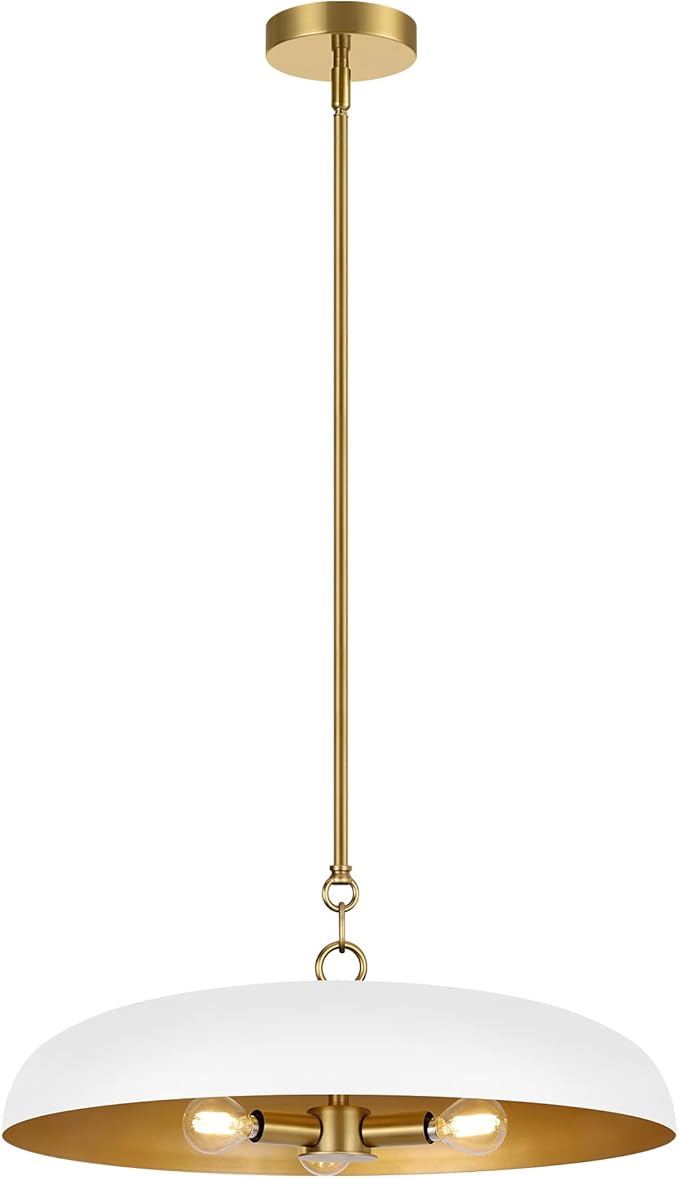19.7 Inch Extra Large Pendant Light, 3-Light White and Gold All Metal Pendant Lighting Fixture, Oversized Modern Dome Chandelier Ceiling Hanging for Kitchen Island Dining Room Living Entryway