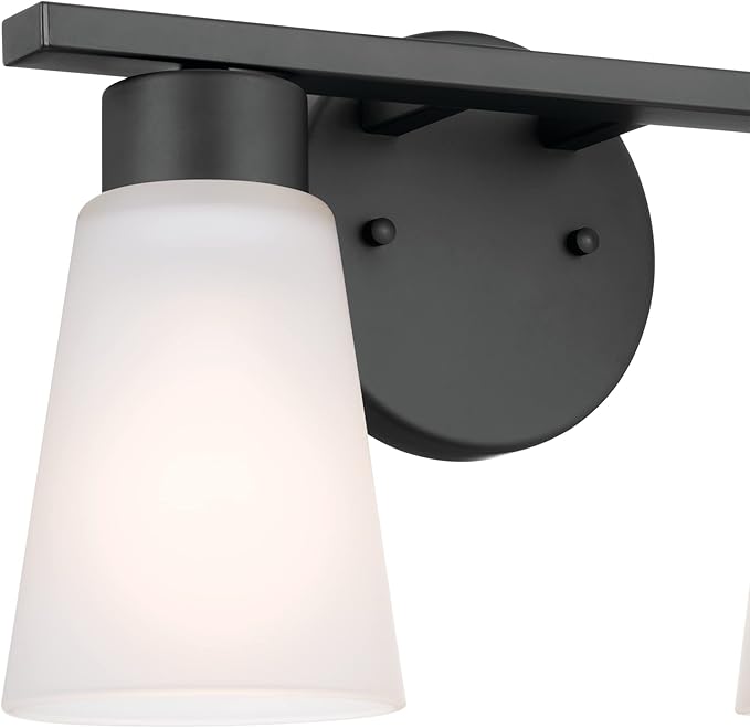Kichler Stamos 2-Light Bathroom Vanity Light Fixture with Satin Etched Glass Shades, Modern Wall Light in Black for over Mirror Lighting Installation, 13 in x 8 in x 5 in, 55120BK