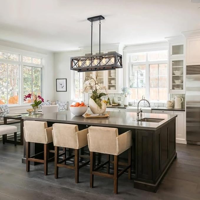 Lingkai Kitchen Island Lighting, 32 Inch 5 Light Farmhouse Linear Chandelier Dining Room Pool Table Pendant Light Fixtures, Rustic Wood Grain Finish