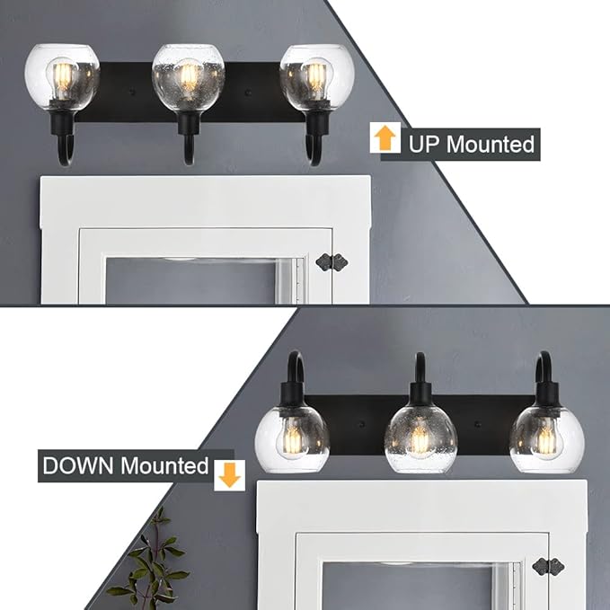 3-Lights Vanity Lights Globe Glass Rustic Bathroom Light Fixtures for Over Mirror Kitchen with Seeded Lampshades