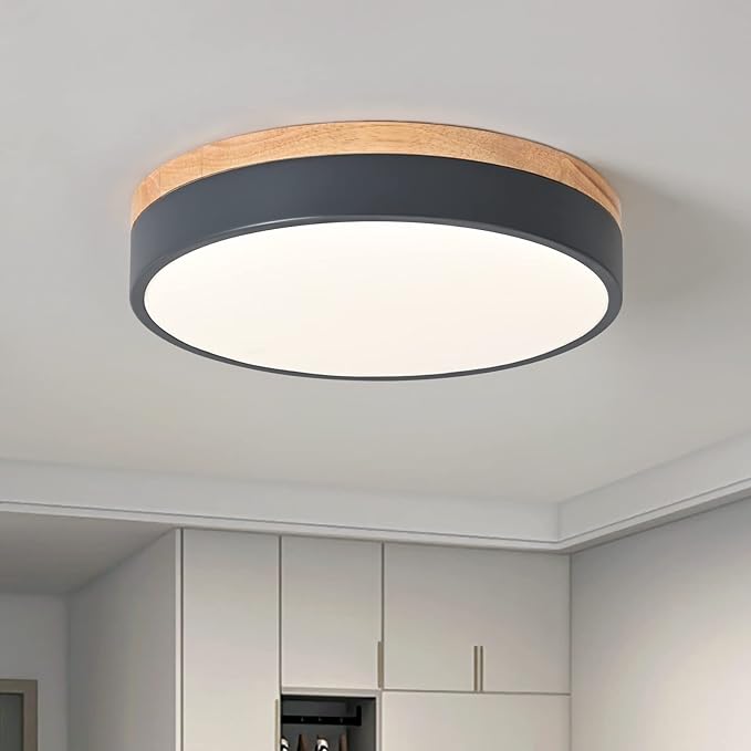 Yiisem Dimmable Wood LED Flush Mount Ceiling Light, 5CCT 2700K-6000K Modern Round Close to Ceiling Lighting Fixtures, Minimalist Grey Ceiling Lamp for Bedroom, Kitchen, Laundry Room, Hallway