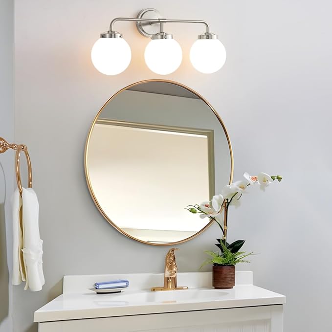 Bathroom Light Fixtures Over Mirror, Brushed Nickel Modern Vanity Lights with Milk White Glass Globe Shades 3-Light Farmhouse Wall Sconce Lighting