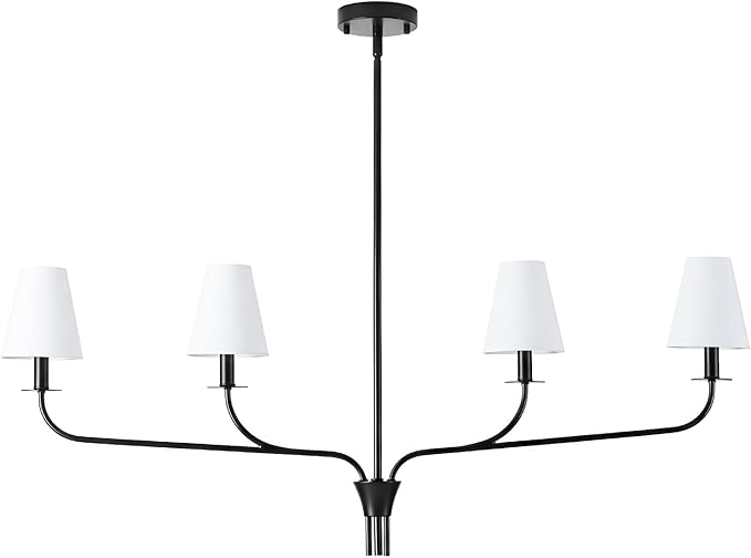 Modern 42" Linear Chandelier for Kitchen Island & Dining Room - 4-Light Black Finish with White Fabric Shades, Adjustable Hanging Pendant Light Fixture, E12