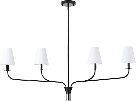 Modern 42" Linear Chandelier for Kitchen Island & Dining Room - 4-Light Black Finish with White Fabric Shades, Adjustable Hanging Pendant Light Fixture, E12