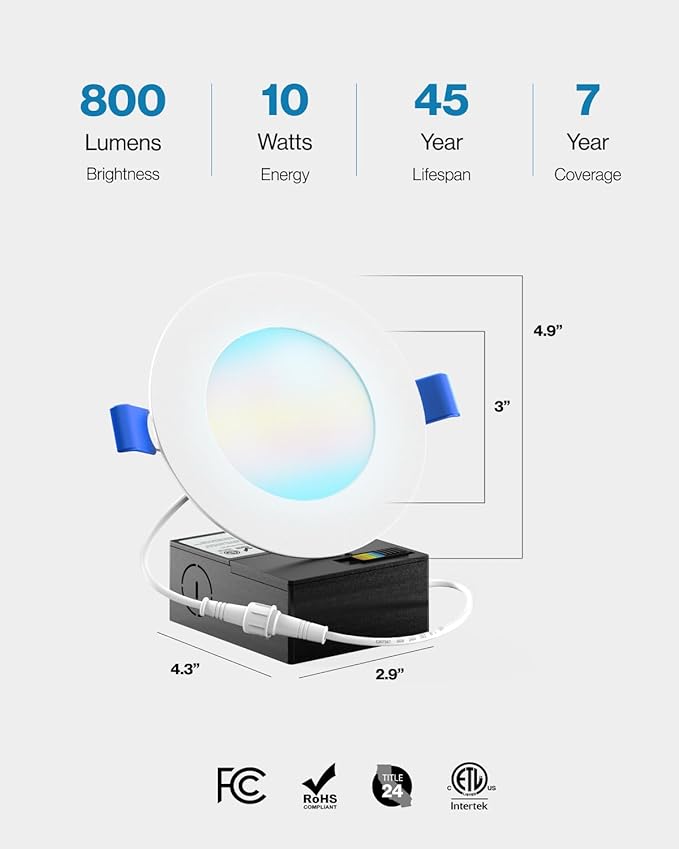 Sunco 24 Pack 4 Inch Ultra Thin LED Recessed Ceiling Lights Slim, High Brightness 800 Lumens, 2700K/3000K/4000K/5000K/6000K, Dimmable, 10W, Wafer Thin, Canless with Junction Box