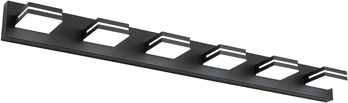 SineRise LED Modern Bathroom Vanity Light Fixtures (6-Light, 48-Inch, Dimmable), Matte Black Modern Acrylic Bathroom Wall Lighting Fixtures Over Mirror (Cool White 6000K)