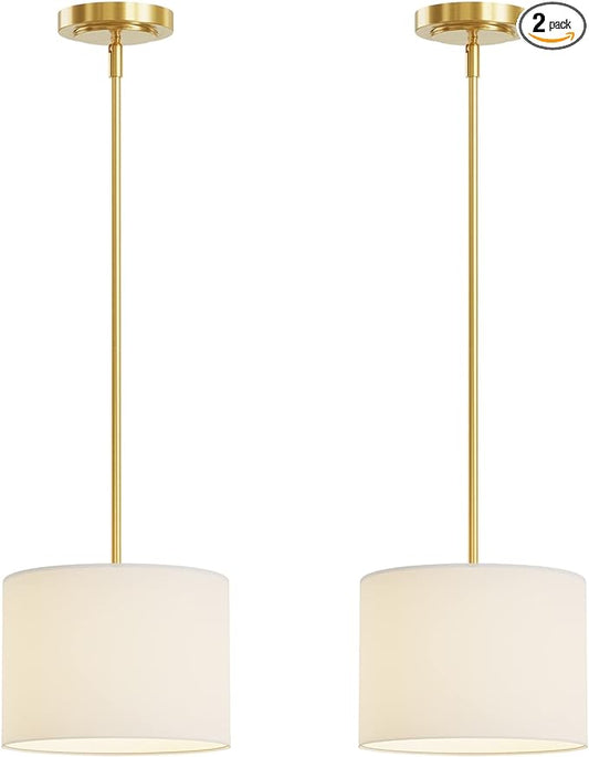 Electro bp;9" Dia White Linen Drum Shade Hanging Pendant Light Fixture with Polished Gold Pole Kit,E26,Hardwired,2-Pack;