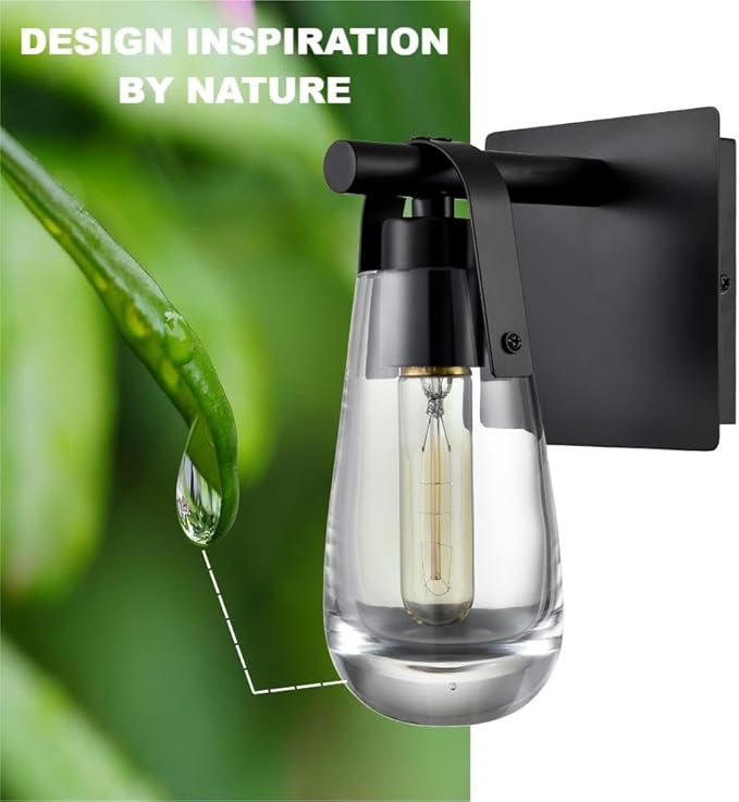 DEYNITE Black Wall Sconces, Raindrop Sconces Wall Lighting, Modern Clear Glass Vanity Light Fixtures Raindrop Wall Sconce for Bathroom Bedroom Living Room