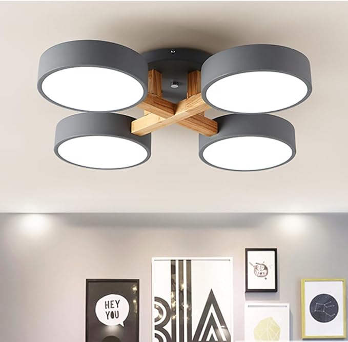 LED Ceiling Light Fixture,24 Inch 4-Lights Modern Ceiling Lights Flush Mount Wooden 44W Chandelier for Living Room Bedroom Kitchen,Dimmable 3000K/4000K/6000K Temperatures Selectable, Grey