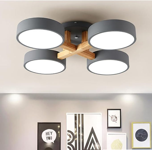 LED Ceiling Light Fixture,24 Inch 4-Lights Modern Ceiling Lights Flush Mount Wooden 44W Chandelier for Living Room Bedroom Kitchen,Dimmable 3000K/4000K/6000K Temperatures Selectable, Grey