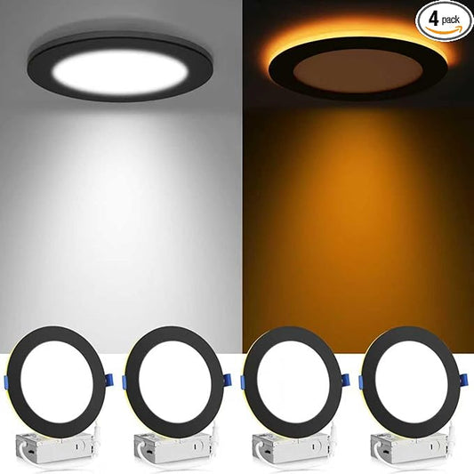 Meconard 4 Pack 6 Inch 5CCT LED Recessed Ceiling Light with Night Light, 2700K/3000K/3500K/4000K/5000K Selectable Ultra-Thin Dimmable Canless Wafer Downlight, 12W=110W, 1050LM, Black Trim