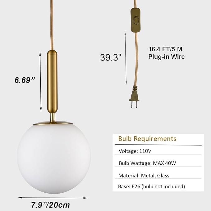 DIRYZON Mid Century Plug in Pendant Lighting with Cord,Gold Chandelier Hanging Light Large Swag Pendant Light Fixture for Bedroom Living Room （20CM/8-INCH）