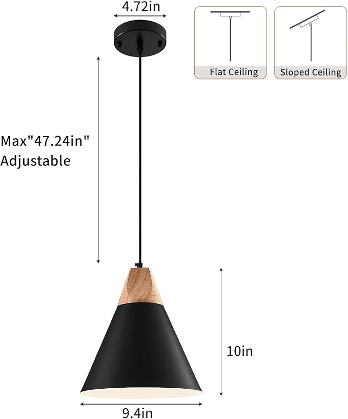 Black Pendent Light Fixtures 1 Pack 9.4 inches,Wood and Metal Kitchen Island Lights Ceiling Hanging,Pendant Lights Kitchen,Farmhouse Kitchen Light Fixtures for Bedroom,Hallway,Bar