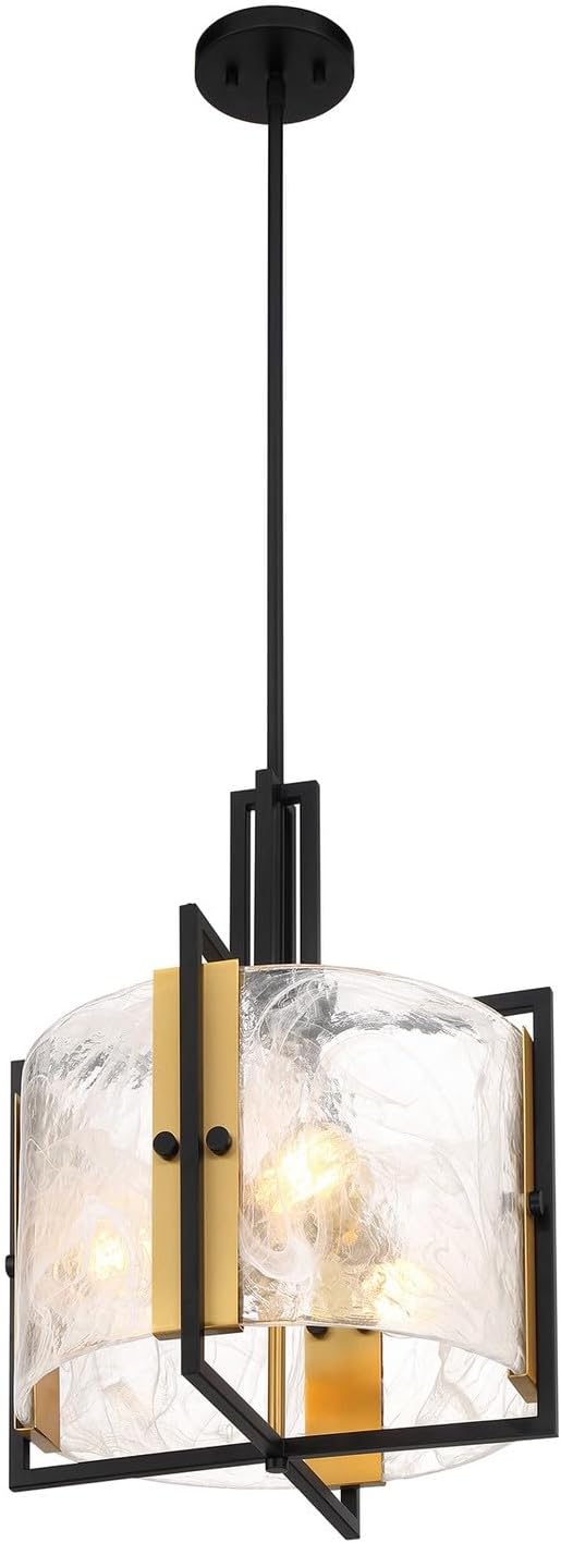 Savoy House 7-1699-3-143 Hayward Modern Strie Piastra Glass Drum Pendant, 3-Light 180 Total Watts, 20" H x 16" W, Matte Black & Warm Brass
