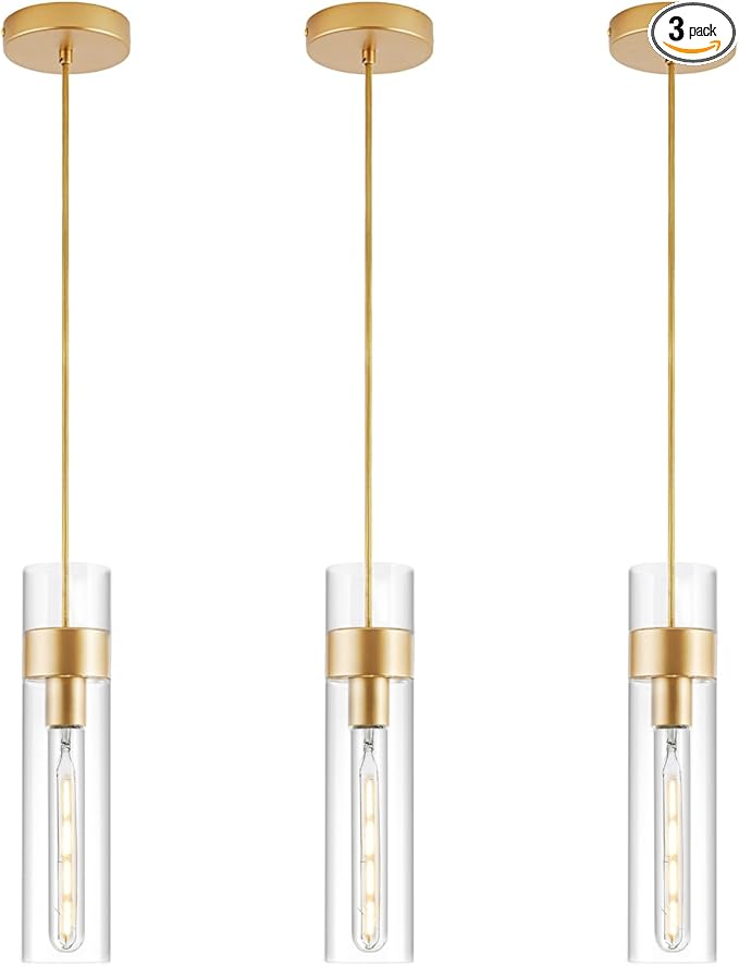 3 Pack Gold Pendant Lights Kitchen Island (Bulbs Included), Adjustable Modern Glass Pendant Light Over Island, Industrial Pendant Light Fixtures for Dining Room Hallway Bedroom Living Room