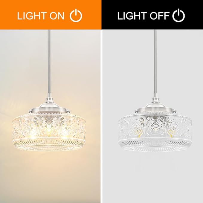 Vintage 3 Lights Drum Pendant Lights Kitchen Island with Etched Glass Shade, Adjustable Height Brushed Nickel Pendant Light for Kitchen Island, Dining Room,Bedroom,Hallway, E12 Base,Bulbs Not Included