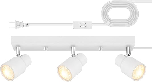 Plug-in Track Lighting LED, Track Light Fixtures Ceiling, White 3-Light Ceiling Lights for Kitchen, 3 Way Spotlight with Cord, Rotatable Wall Mount Light Head for Bedroom Hallway, Bulb Not Included