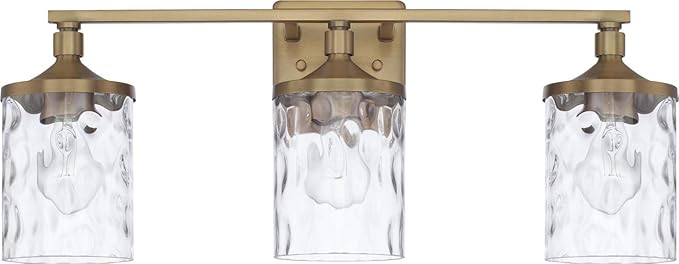 HomePlace Lighting 128831AD-451 Colton Mid-Century Clear Water Glass Bathroom Vanity Wall Light, 3-Light 300 Total Watts, 10" H x 24" W, Aged Brass