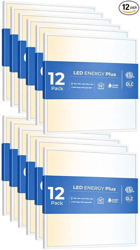 12 Pack 2x2 LED Flat Panel Light for Drop Ceiling, 5200lm Selectable 20W/25W/30W/35W/40W, Color Temperature 3000K/3500K/4000K/5000K/6500K, 0-10V Dimmable, 120-277V, ETL, DLC